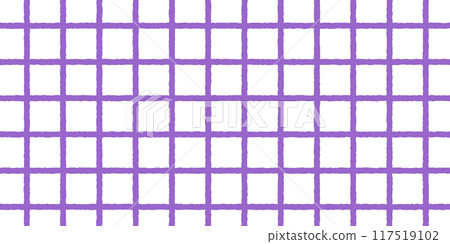 Checkered gingham pattern painting by brush or crayon. Plaid, tablecloth or napkin texture in hand drawn technique. Purple crossed uneven lines. Minimalist aesthetic print. Vector flat illustration Checkered gingham pattern painting by brush or crayon. Plaid, tablecloth or napkin texture in hand drawn technique. Purple crossed uneven lines. Minimalist aesthetic print. Vector flat illustration 117519102