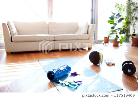 Living room with fitness equipment on wooden floor. Workout at home. Living room with fitness equipment on wooden floor. Workout at home. 117519409