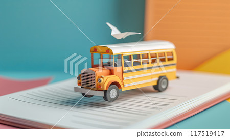 a yellow school bus crafted from paper, seemingly driving off the pages of an open book with a paper airplane flying above 117519417