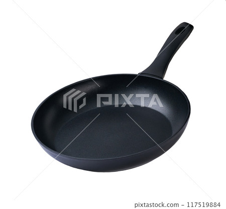 black frying pan with a non-stick coating isolated on white background. full depth of field. black frying pan with a non-stick coating isolated on white background. full depth of field. 117519884