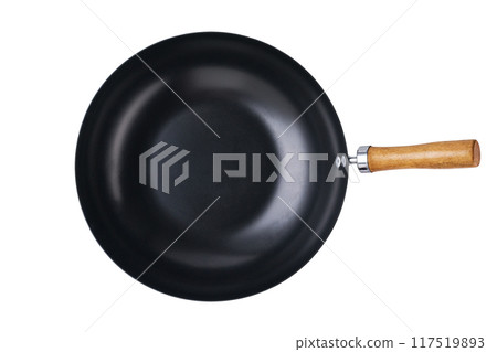 Empty chinese wok pan isolated on a white background. Empty frying wok pan chinese cookware. Empty chinese wok pan isolated on a white background. Empty frying wok pan chinese cookware. 117519893