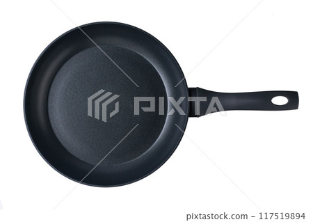 black frying pan with a non-stick coating isolated on white background. full depth of field. Top view. black frying pan with a non-stick coating isolated on white background. full depth of field. Top view. 117519894