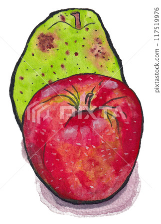 Hand-painted watercolor painting (etegami) "La France" and "Ripe Apples" 117519976