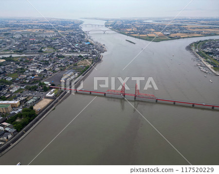 Aerial view of the lift bridge of a railway movable bridge over the Chikugo River Aerial view of the lift bridge of a railway movable bridge over the Chikugo River 117520229