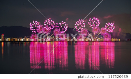 Lake Biwa Fireworks Festival and reflections on the lake surface Lake Biwa Fireworks Festival and reflections on the lake surface 117520689