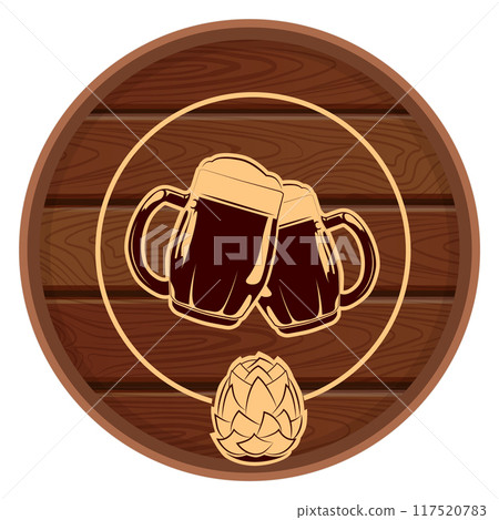 Natural beer signboard. Wooden round barrel with glass mugs 117520783