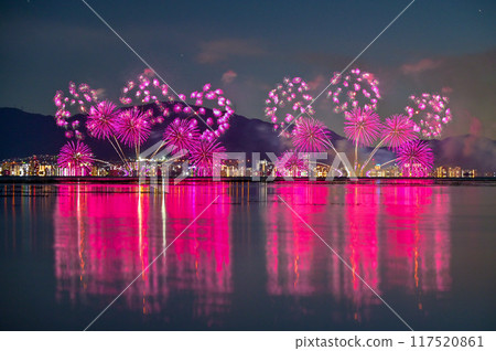 Lake Biwa's water reflection and the Lake Biwa Fireworks Festival Lake Biwa's water reflection and the Lake Biwa Fireworks Festival 117520861