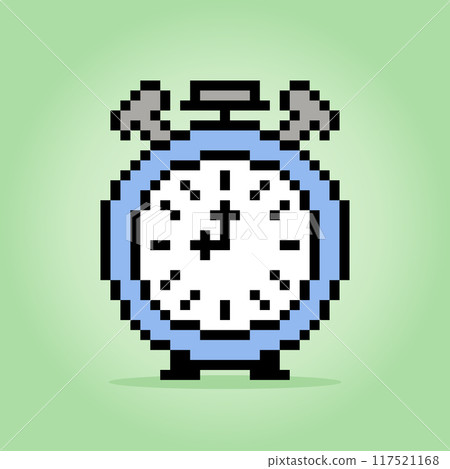 8 bit pixel clock alarm for game assets and cross stitch patterns in vector illustrations. 117521168