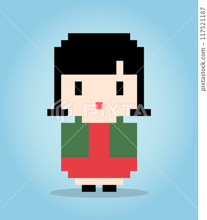 8 bit pixel of asian girl. Cartoon women in vector illustrations. 8 bit pixel of asian girl. Cartoon women in vector illustrations. 117521187