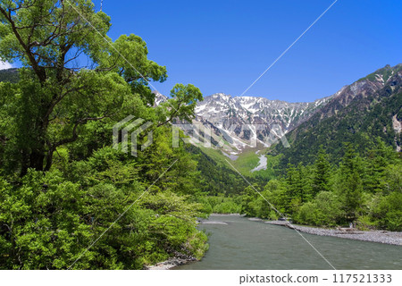 [Refreshing Kamikochi - A spectacular view in early summer] The Hotaka mountain range seen from near Kappa Bridge with beautiful fresh greenery 117521333