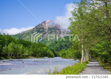 【清爽的上高地】梓川沿岸的散步道,眺望燒嶽山 【清爽的上高地】梓川沿岸的散步道,眺望燒嶽山 117521385