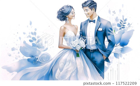 婚姻，婚禮，新娘和新郎的水彩插圖，生成AI，AI圖像 117522209