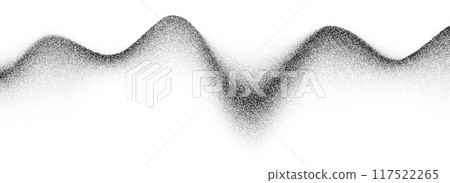 Wavy grain gradient texture. Black stippled flowing line background. Grunge noise dot work wallpaper for banner, poster, brochure. Undulate sandy backdrop with speckles, particles, granules. Vector 117522265