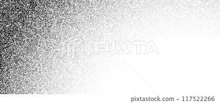 Black stippled gradient texture. Grunge dotted noise background. Black gritty splattered sand overlay. Curved distressed sprayed dot work grain with specks, dust, dots, speckles. Vector halftone 117522266