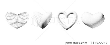 Dotted 3d heart shape collection. Black stippled gradient heart set. Y2K dot work grain grunge design element pack for banner, poster, decoration, flyer. Textured noise gritty form bundle. Vector 117522267