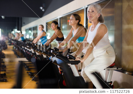 Elderly woman warming up on bike at gym Elderly woman warming up on bike at gym 117522726