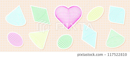 Pastel collection of geometric shapes, featuring a heart, with grid wireframe and mesh patterns. Abstract y2k sticker design, highlighting futuristic and retro elements. Pastel collection of geometric shapes, featuring a heart, with grid wireframe and mesh patterns. Abstract y2k sticker design, highlighting futuristic and retro elements. 117522810