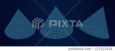 Set of 3D abstract image with 3 wireframe mesh cones displayed on a dotted grid background. The geometric shapes in a Y2K retro design, combining futuristic and digital elements. 117522816