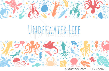 Web banner with tropical marine animals like octopus, jellyfish, and sea turtle with colorful aquatic animals. Detailed underwater life vector design in ocean water reef setting. 117522820