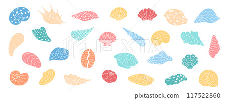 Colorful seashells and conchs illustrated in a cartoon graphic style. Assorted shellfish designs with snails and clams. Marine life and underwater vector elements. Cute sea creatures. 117522860