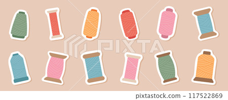 A collection of colorful spool illustrations sticker pack, with different threads for sewing. Each thread spool icon is designed in a cute, cartoon graphic style, for various sewing and tailor project A collection of colorful spool illustrations sticker pack, with different threads for sewing. Each thread spool icon is designed in a cute, cartoon graphic style, for various sewing and tailor project 117522869