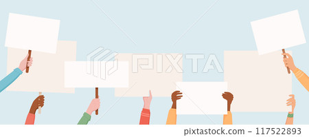 Diverse hands hold blank signs and square placards. Social media template highlights a protest scene, showing people united in solidarity and demonstrating community strength with banners. Diverse hands hold blank signs and square placards. Social media template highlights a protest scene, showing people united in solidarity and demonstrating community strength with banners. 117522893