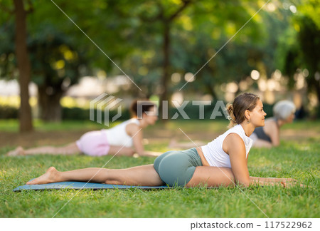 Girl performing Half Pigeon Pose during group yoga in park Girl performing Half Pigeon Pose during group yoga in park 117522962