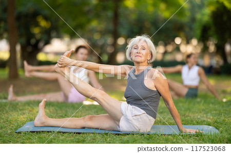 Concentrated mature lady making stretching legs with group of active adult people sitting on yoga mat and doing exercise yoga at park 117523068