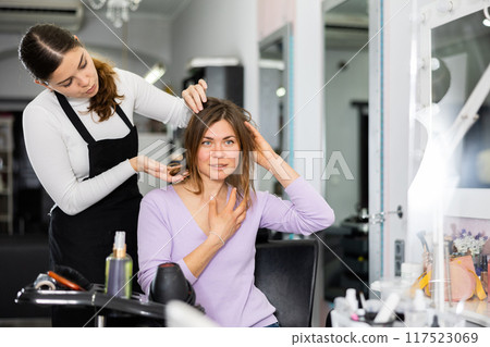 Hairdresser is discussing a haircut with a female client 117523069