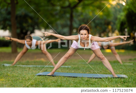 Young and mature women practicing different poses during group yoga training at park together 117523074