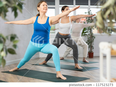 Active women perform the exercise in the warrior pose 117523273
