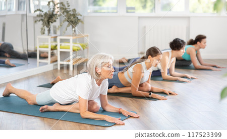 Group of women practicing pigeon pose of yoga on mat in fitness room Group of women practicing pigeon pose of yoga on mat in fitness room 117523399