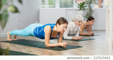 Adult woman doing fitness in fitness studio 117523431