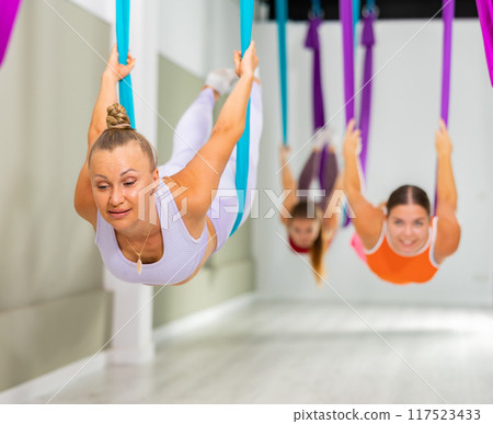 Woman performing Salabhasana asana in hanging hammock during aerial yoga training Woman performing Salabhasana asana in hanging hammock during aerial yoga training 117523433