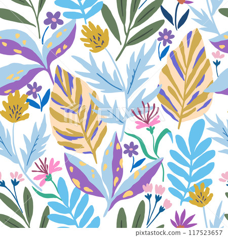 Seamless pattern with gentle abstract flowers. Modern floral shapes in pastel colors. 117523657