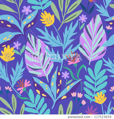 Seamless pattern with gentle abstract flowers. Modern floral shapes in pastel colors. Seamless pattern with gentle abstract flowers. Modern floral shapes in pastel colors. 117523659
