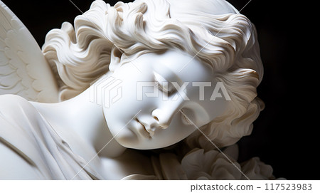 Close-up of the face of a beautiful stone angel statue 117523983