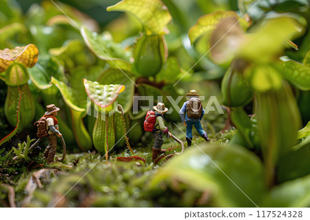 Giant pitcher plant and expedition diorama Giant pitcher plant and expedition diorama 117524328