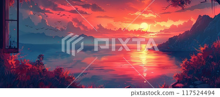 Anime landscape painting of a red sunset over the ocean and mountains in the background Anime landscape painting of a red sunset over the ocean and mountains in the background 117524494