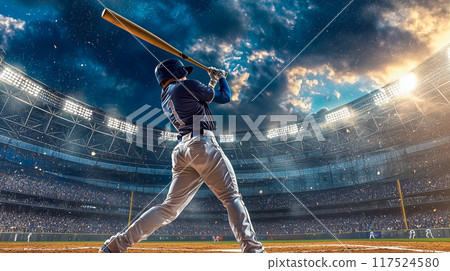 充滿動感的棒球場景,球員揮桿 充滿動感的棒球場景,球員揮桿 117524580
