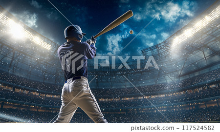 充滿動感的棒球場景,球員揮桿 充滿動感的棒球場景,球員揮桿 117524582