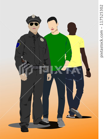 3d Vector illustration of group young man and policeman. Hand drawn illustration 3d Vector illustration of group young man and policeman. Hand drawn illustration 117525302