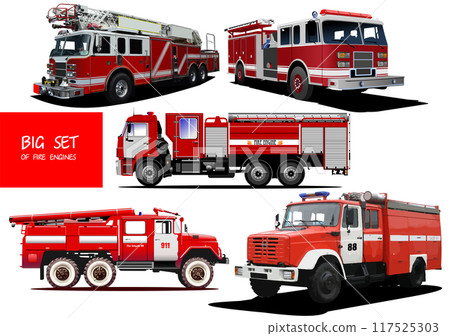 Big set of Fire engines. Vector 3d hand drawn illustration Big set of Fire engines. Vector 3d hand drawn illustration 117525303