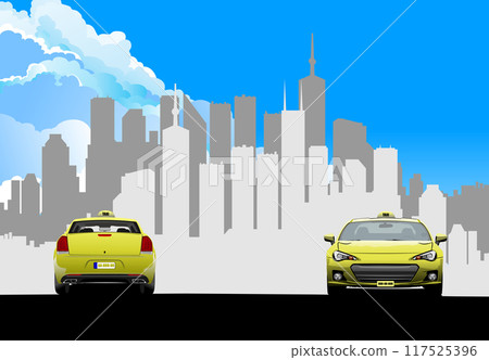 Two Sedan taxi on city background. 3d vector color hand drawn  illustration 117525396