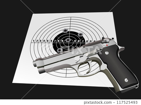 Used shooting target with traces of hit bullets and pistol image. 3d color vector hand drawn illustration Used shooting target with traces of hit bullets and pistol image. 3d color vector hand drawn illustration 117525493