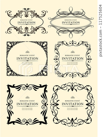 Set of ornate vector frames and ornaments with sample text. Perfect as invitation or announcement. All pieces are separate. Easy to change colors and edit. Hand drawn illustration 117525604