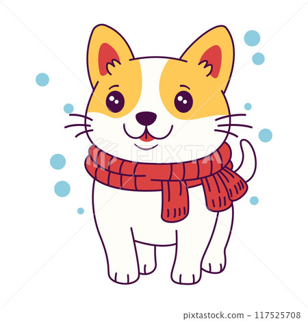 Cute Puppy Dog Cartoon Animal Wearing Scarf Under Snow with Happy Expression Cute Puppy Dog Cartoon Animal Wearing Scarf Under Snow with Happy Expression 117525708