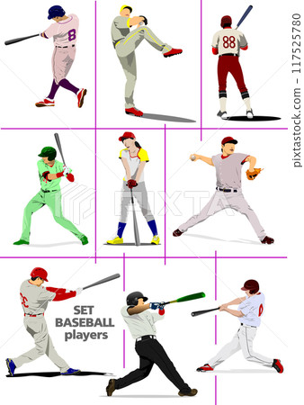 Set of Baseball players. Vector 3d hand drawn illustration 117525780