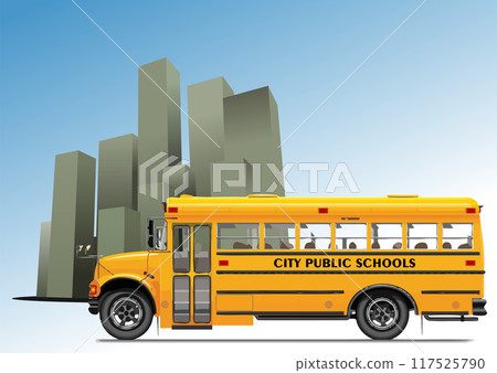 Yellow school bus on abstract city background. Vector 3d hand drawn illustration 117525790