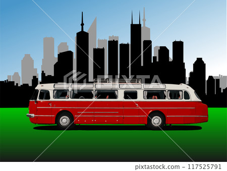 Red  City bus on the road. Coach. Vector 3d hand drawn illustration 117525791